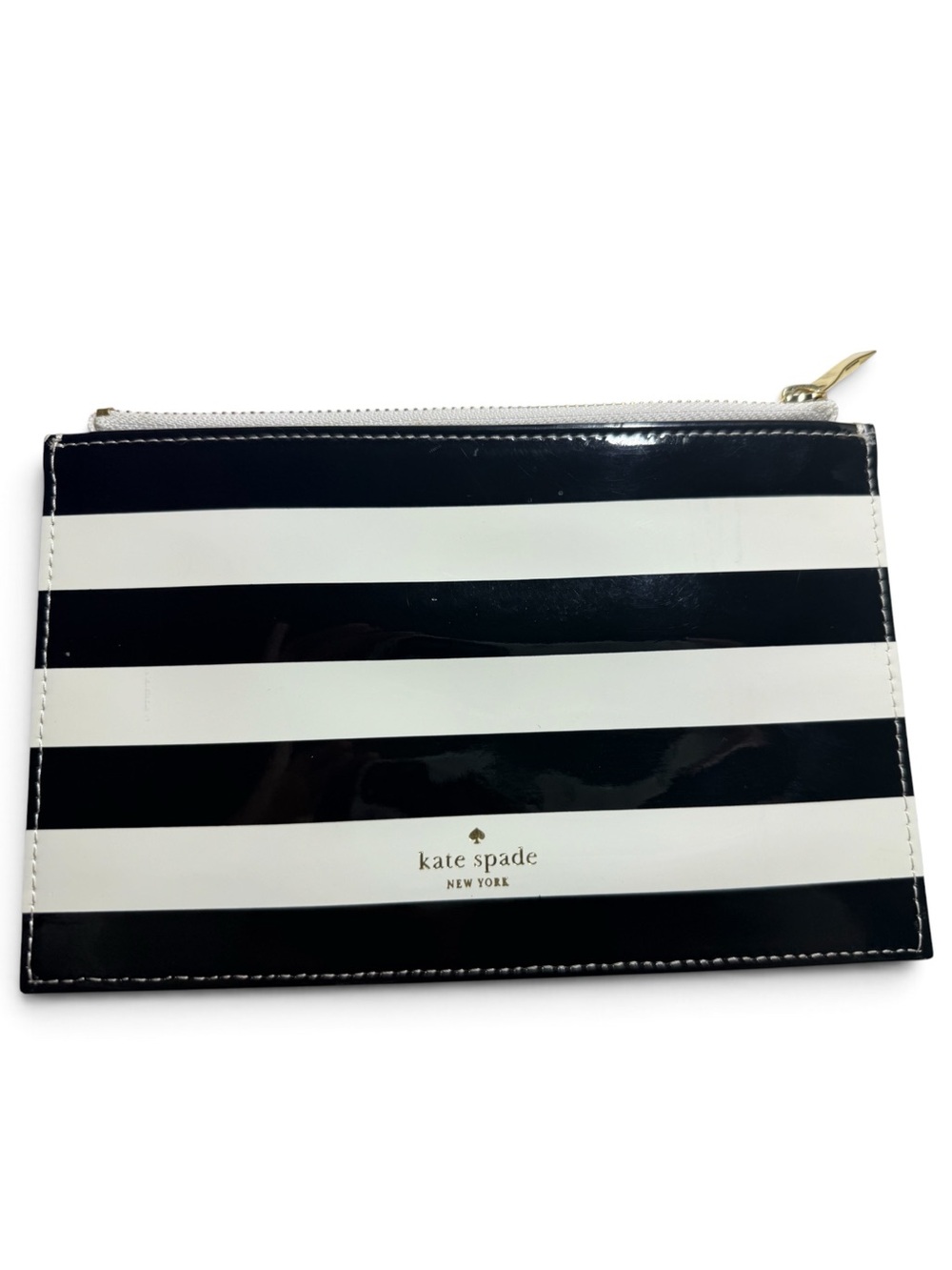 Kate Spade black and white striped patent leather zip pouch